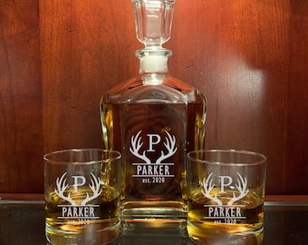 Personalized Whiskey Decanter with Whiskey Glasses, Tumbler, Groomsmen Gift, Best Man - Groom - Custom Glassware, Christmas - Vodka - Father