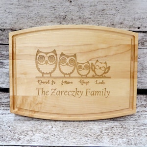 Personalized Owl Family Cutting Board - Walnut - Maple- Anniversary - House Warming -Custom Wedding Gift - Unique Gift - Realtor gifts
