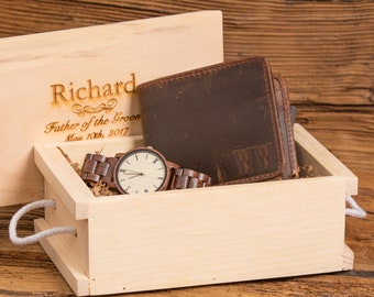 Monogram Portefeuille Personnalisé Wood Watch Gift Set Anniversaire, Hanukkah, Fête des Pères, Cadeaux pour les hommes, Noel, Marié, Papa WSOO3-ZB01