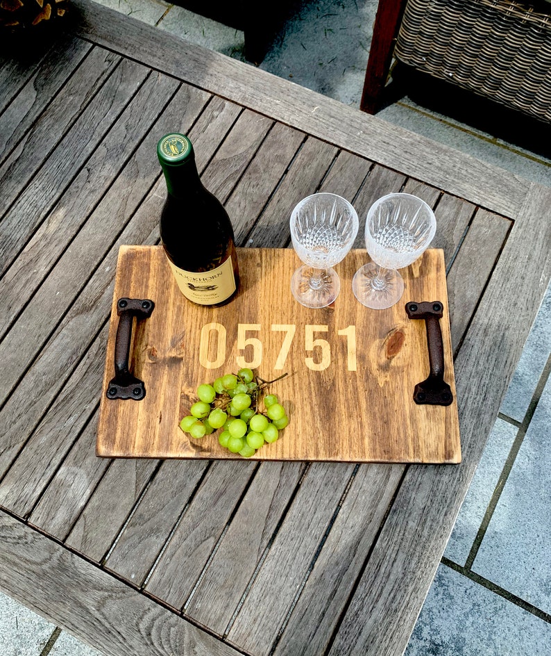 Personalized Rustic Wood Serving Tray, Wedding, House Warming, Engraved Wooden Anniversary Gift, Kitchen Decor, Family, Mothers Day Zip Code image 3