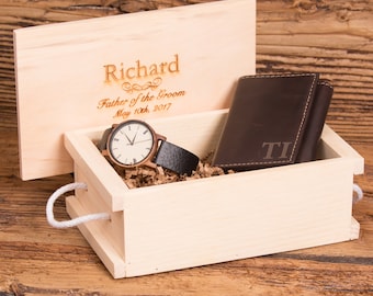 Monogram Wallet, Wood Watch, Groomsmen, Father of the Bride, Christmas, Gifts for Him, Grandfather, Christmas, Fathers Day, Box WS006&2417BR