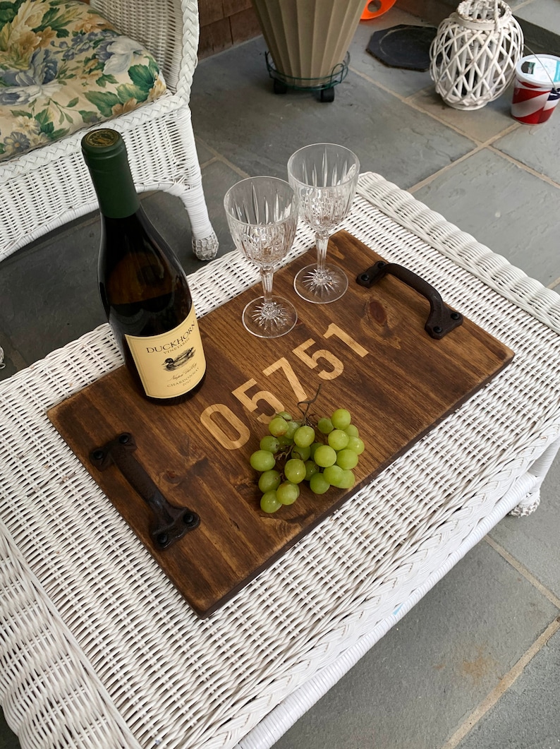 Personalized Rustic Wood Serving Tray, Wedding, House Warming, Engraved Wooden Anniversary Gift, Kitchen Decor, Family, Mothers Day Zip Code image 1