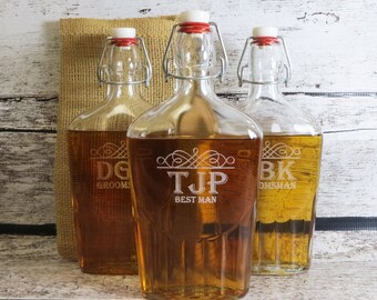 Set of 3 Large Glass Flasks - Groomsmen - Best Man - Whiskey Flask, Bridal Party, Wedding Gifts, Brother, Closing Gifts, Housewarming,