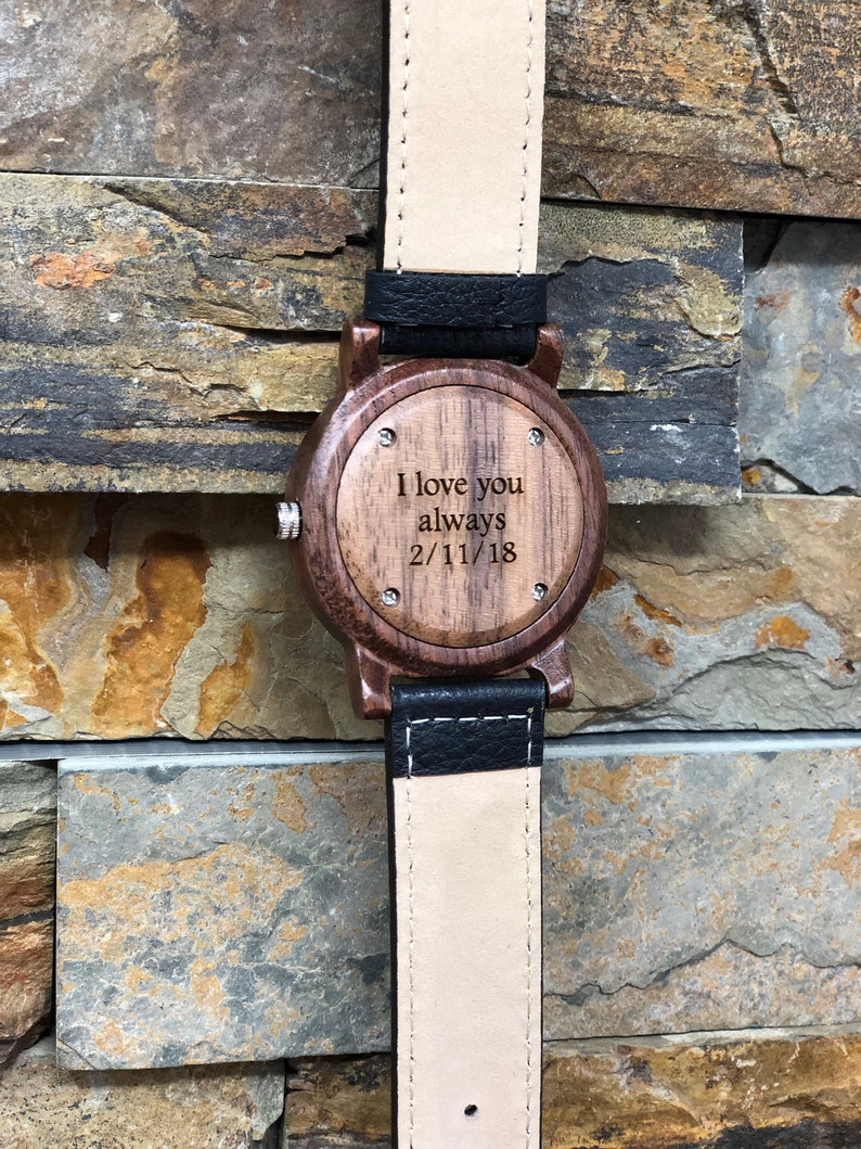 Wood Wrist Watch Personalized w Genuine Leather Band, Gift for Him, Anniversary, Groomsmen, Wedding, Father's Day, Valentines Day, Christmas image 3