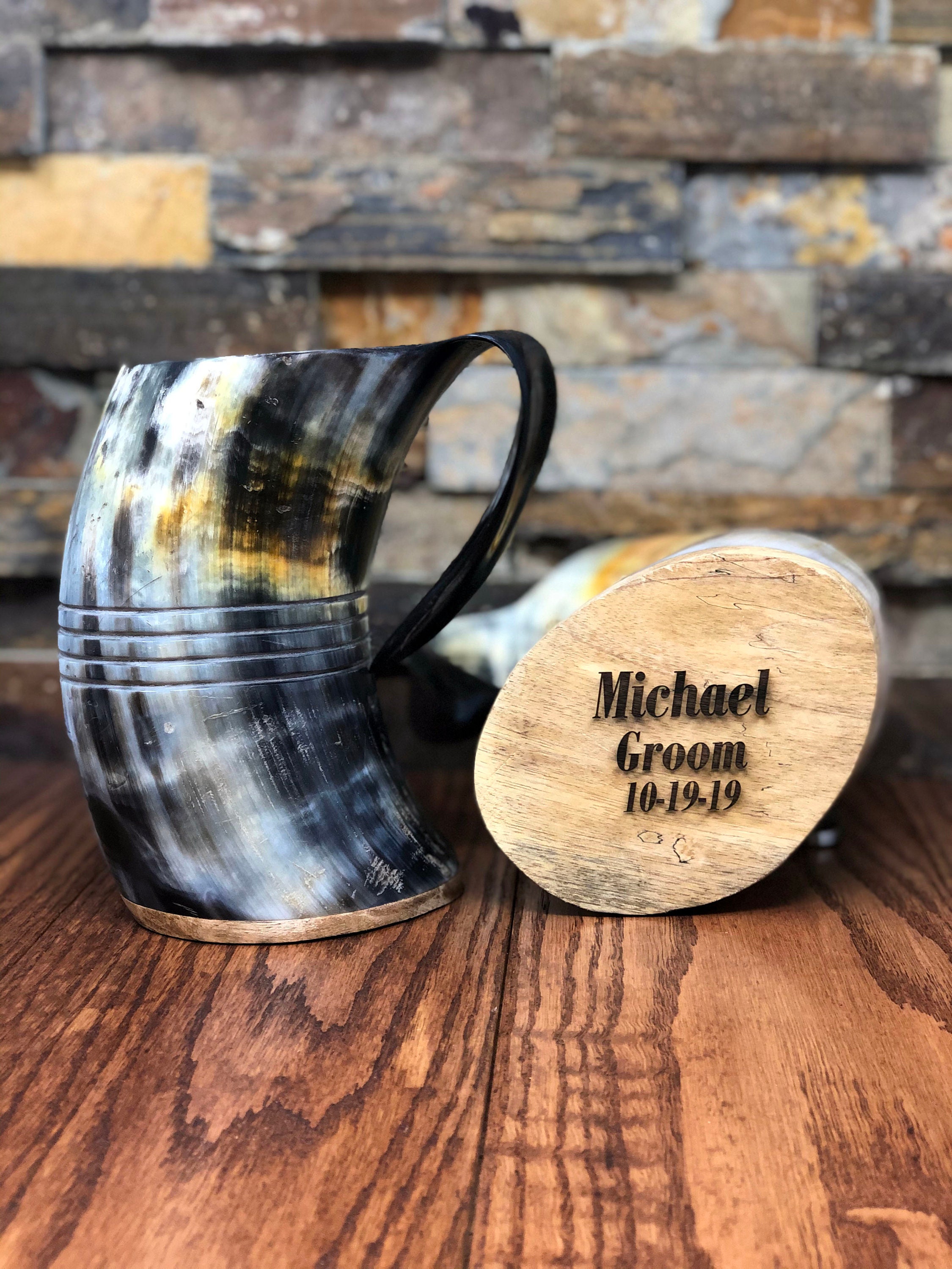 Stunning Horn Mug Personalized, Buffalo Beer Tankard, Engraved Gifts for Men With Your Logo, Groomsman, Friends, NFL, College, Gothic Viking