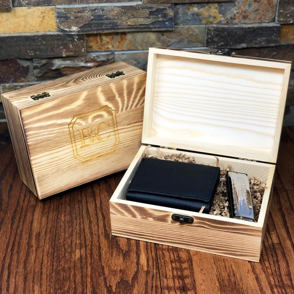 Tri-fold Wallet and Honer Harmonica Gift Set, Personalized Engraved Wood Box, Genuine Leather Monogrammed, Gifts for Boys and Men, Christmas