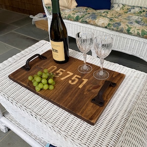 Personalized Rustic Wood Serving Tray, Wedding, House Warming, Engraved Wooden Anniversary Gift, Kitchen Decor, Family, Mothers Day Zip Code image 4