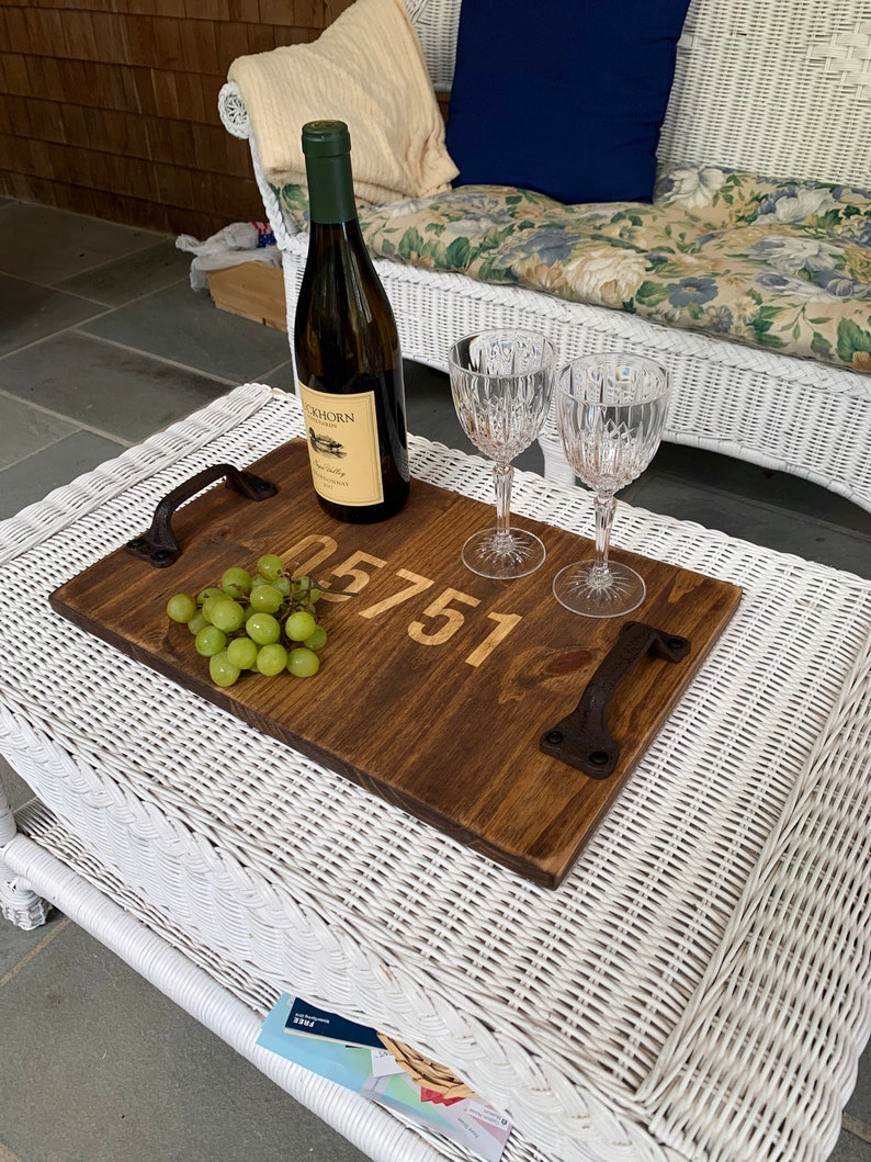 Personalized Rustic Wood Serving Tray, Wedding, House Warming, Engraved Wooden Anniversary Gift, Kitchen Decor, Family, Mothers Day Zip Code image 4