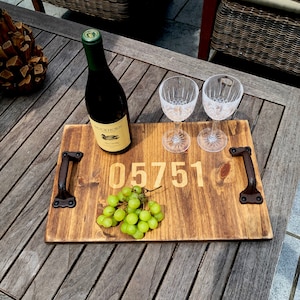 Personalized Rustic Wood Serving Tray, Wedding, House Warming, Engraved Wooden Anniversary Gift, Kitchen Decor, Family, Mothers Day Zip Code image 2