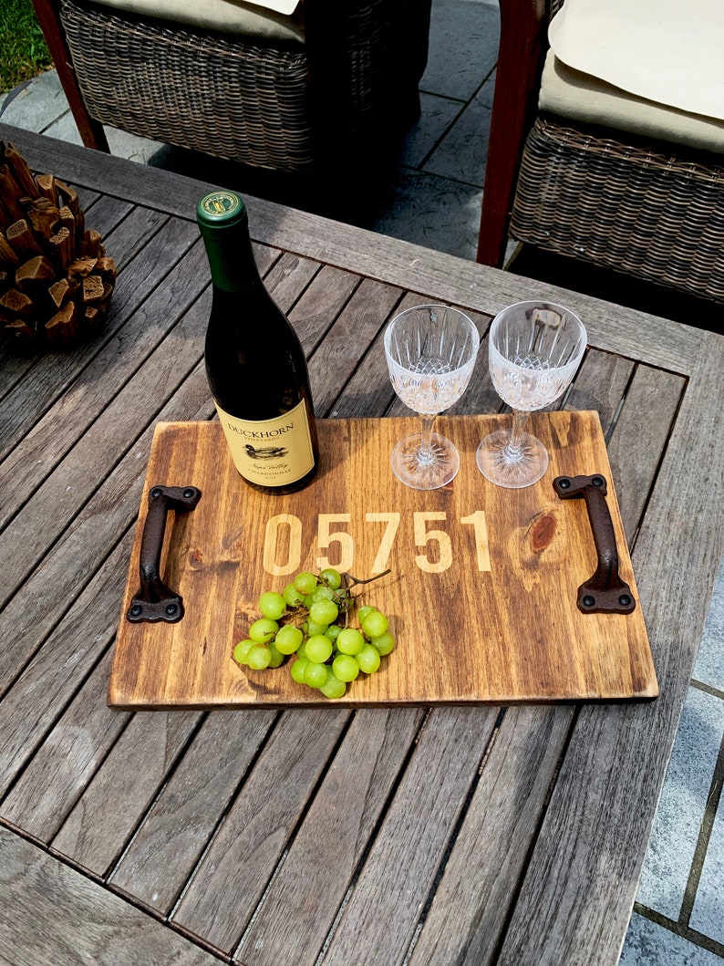 Personalized Rustic Wood Serving Tray, Wedding, House Warming, Engraved Wooden Anniversary Gift, Kitchen Decor, Family, Mothers Day Zip Code image 2