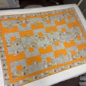 Handmade orange grey flannel baby toddler quilt lions giraffes moons
