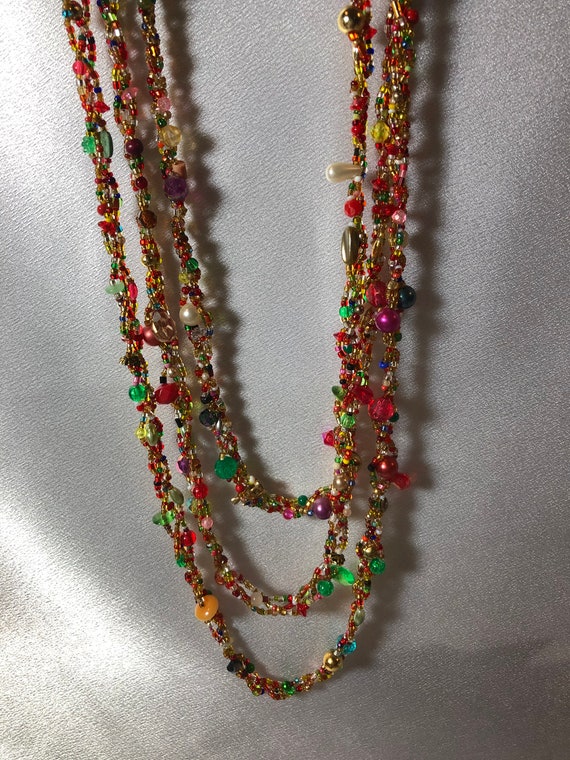 3-Strand Necklace--Beaded and woven; vintage bead… - image 7