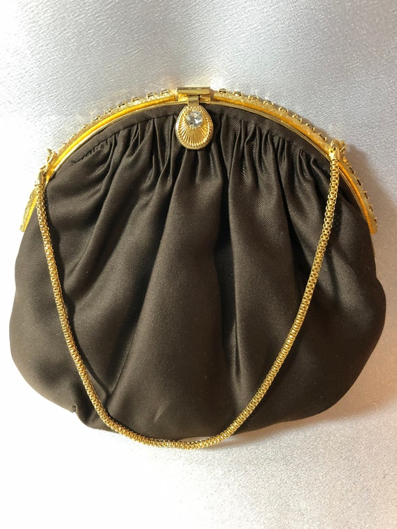 Vintage Walborg Brown Satin Evening Purse with rhi