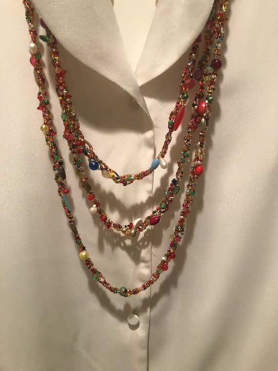 3-Strand Necklace--Beaded and woven; vintage bead… - image 1