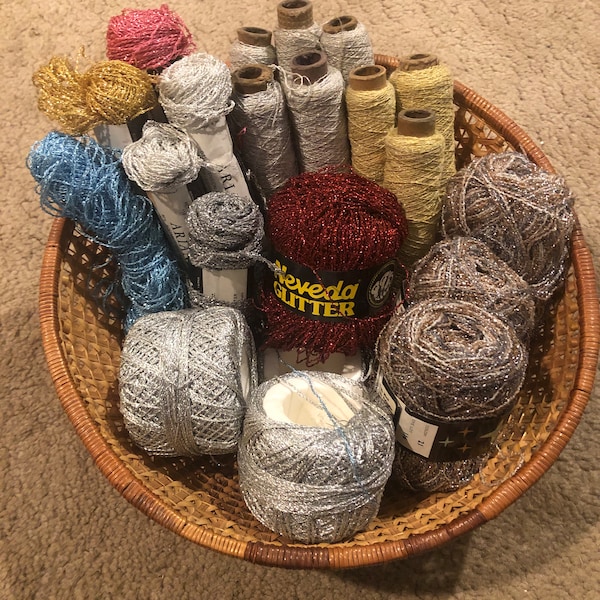 Metallic Yarn Variety Pack; 21 partial used skeins; about 22 oz.