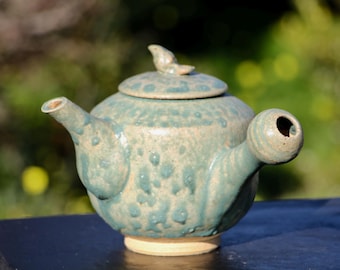 Ash Green Stoneware Teapot  With bird and side handle