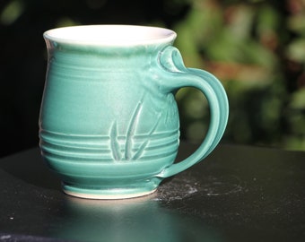 Green Mug with Carving– 4.25 in, 10~11 oz
