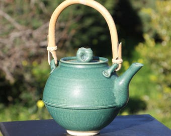 Forest Green Stoneware Teapot  With cane handle
