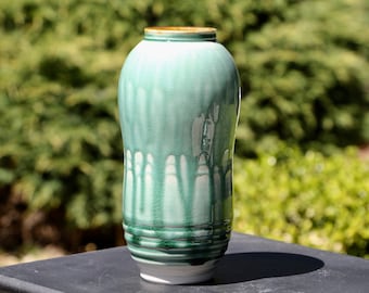 Green Ash Vase  with drips and  lines– 9n