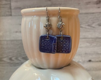 Blue Patchwork Porcelain Ceramic Charm Earrings