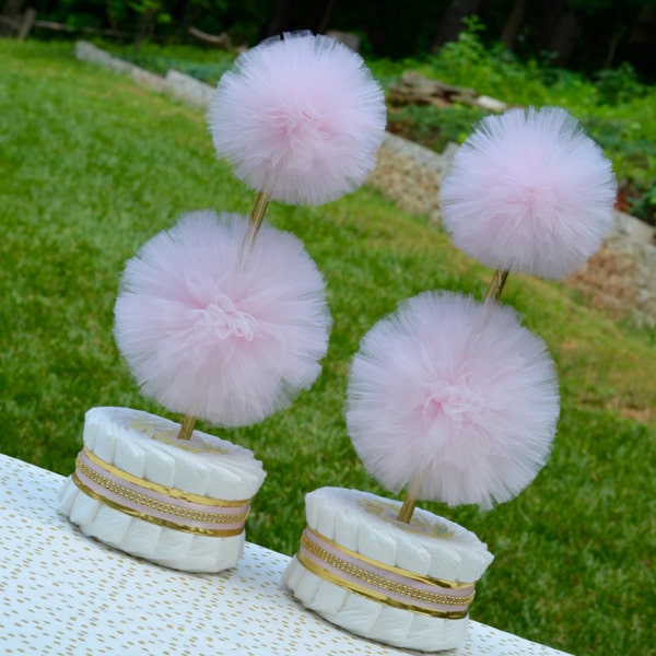 Pink and Gold Baby Shower Centerpieces, Diaper Cake Topiary Centerpieces - Tulle Decorations - Tulle Pom Pom - Baby Girl Shower Decorations