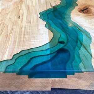 Live Edge Epoxy River Spalted Maple Dining Table with Juniper Root Table Base Topographic