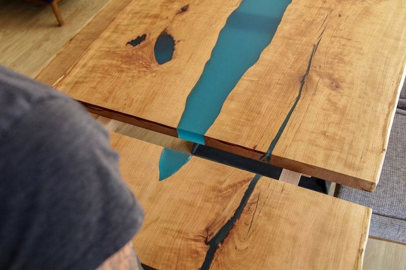 Live Edge Epoxy River Cherry Dining Table With Extensions and Matching Bench