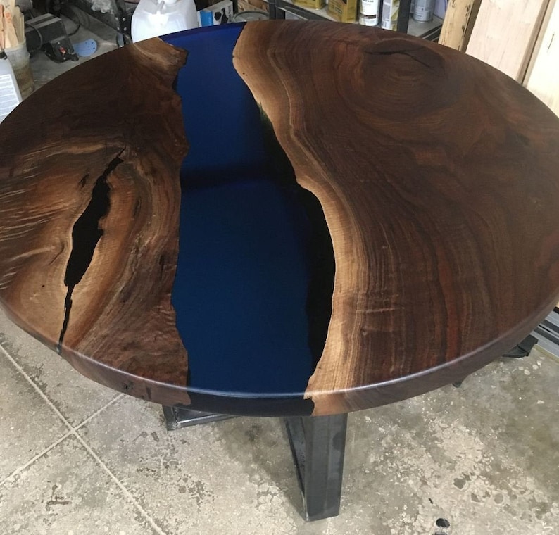 Live Edge Blue Epoxy River Black Walnut Round Dining Table With Custom