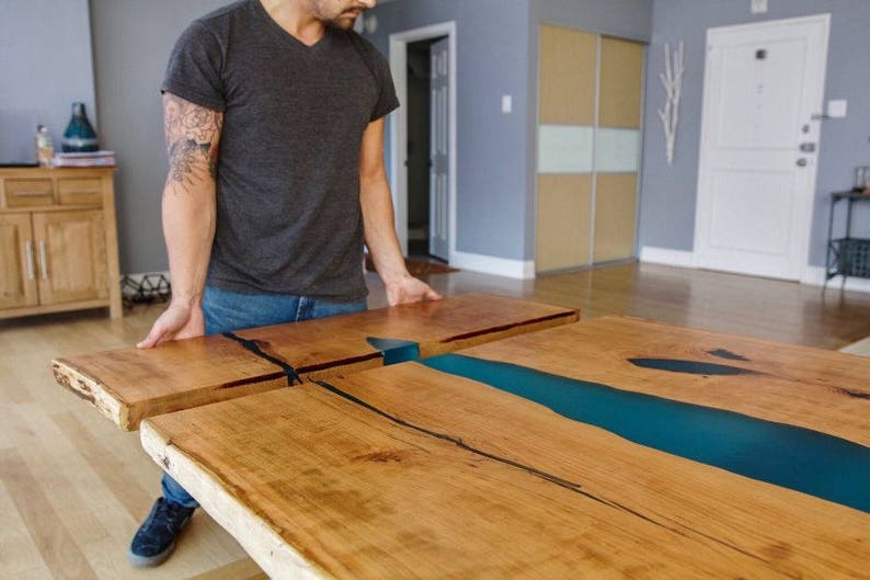 Live Edge Epoxy River Cherry Dining Table With Extensions and Matching Bench