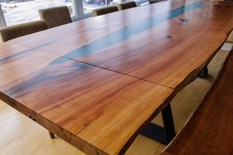 Live Edge Epoxy River Cherry Dining Table With Extensions and Matching Bench
