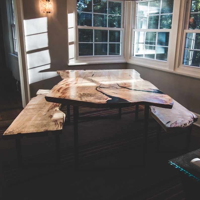 Live Edge Epoxy River Spalted Box Elder Dining Table and Benches Etsy