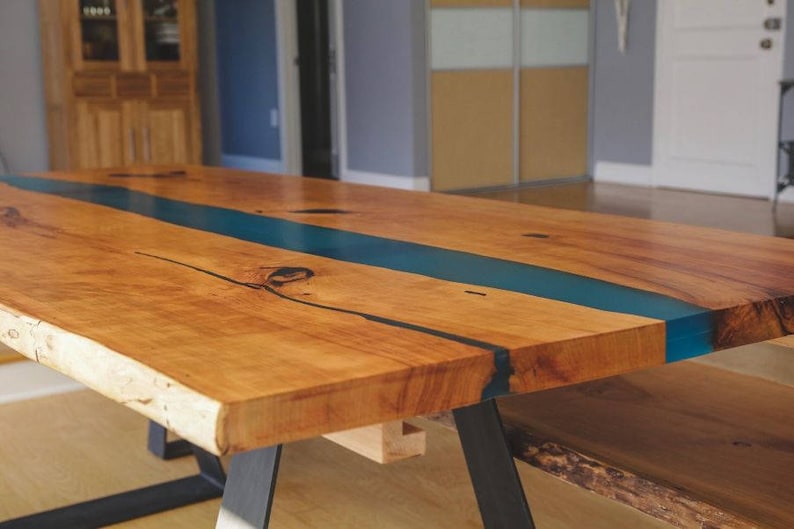 Live Edge Epoxy River Cherry Dining Table With Extensions and Matching Bench
