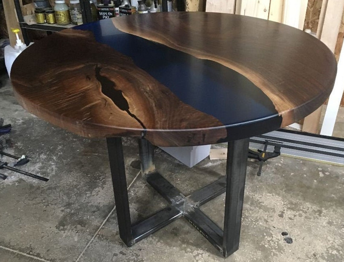 Live Edge Blue Epoxy River Black Walnut Round Dining Table Etsy Canada