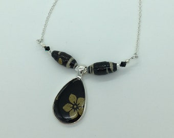 Black/Multi-colored Fabric Bead Necklace with Pendant