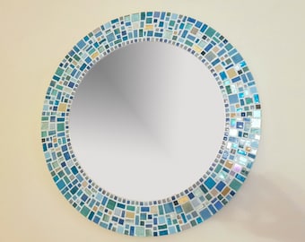 Mosaic Wall Mirror in Blue, Bathroom Mirror, Round Wall Mirror