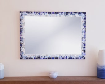 Mosaic Wall Mirror in Blue, White & Silver 70x50cm, Large Bathroom Mirror