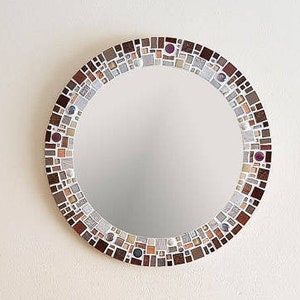 Wall Mirror in Brown, Copper & Cream, Mosaic Mirror, Bathroom Mirror, Round Mirror for Wall, Brown Home Decor, Mosaic Wall Art, Wall Hanging