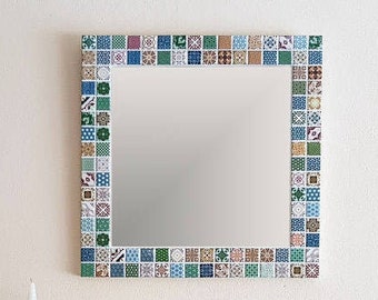 Retro Mosaic Wall Mirror 40cm Square Mirror, Vintage Design, Bathroom Mirror, Mosaic Wall Art, Mosaic Wall Decor