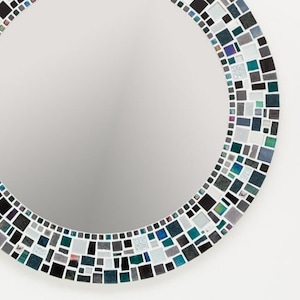 Wall Mirror in Black, Silver & Teal, Mosaic Mirror, Bathroom Mirror, Round Wall Mirror, Mosaic Wall Art