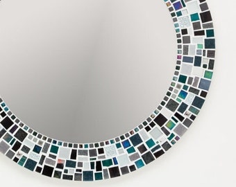 Wall Mirror in Black, Silver & Teal, Mosaic Mirror, Bathroom Mirror, Round Wall Mirror, Mosaic Wall Art