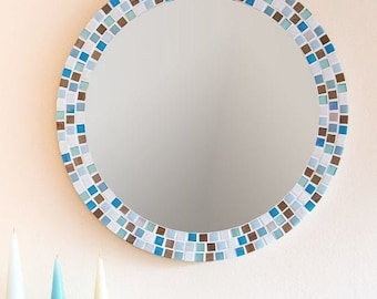 Mosaic Wall Mirror in Turquoise, Brown & Cream, Large Round Bathroom Mirror