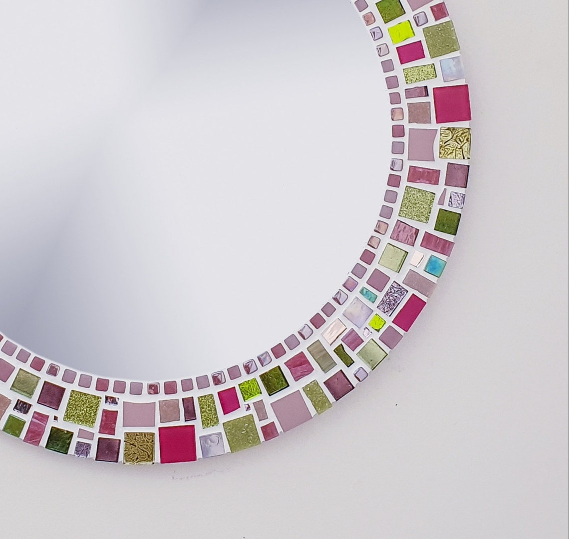 Wall Mirror in Pink & Green / Round Mosaic Mirror / Mosaic Etsy