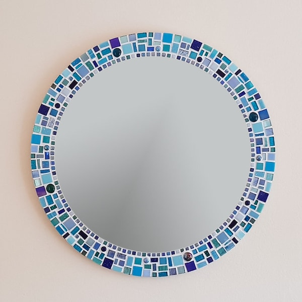 Mosaic Wall Mirror in Blue & Turquoise, Round Wall Mirror, Bathroom Mirror