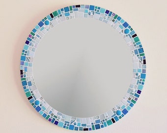 Beautiful Bathroom Mirror, Mosaic Mirror in Blue, Silver & White, Round Wall Mirror, Coastal Decor, Mosaic Wall Art