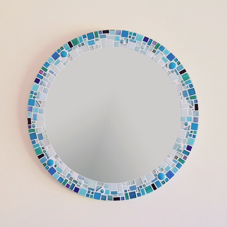 Mosaic Wall Mirror in Blue Silver & White Round Mirror Etsy