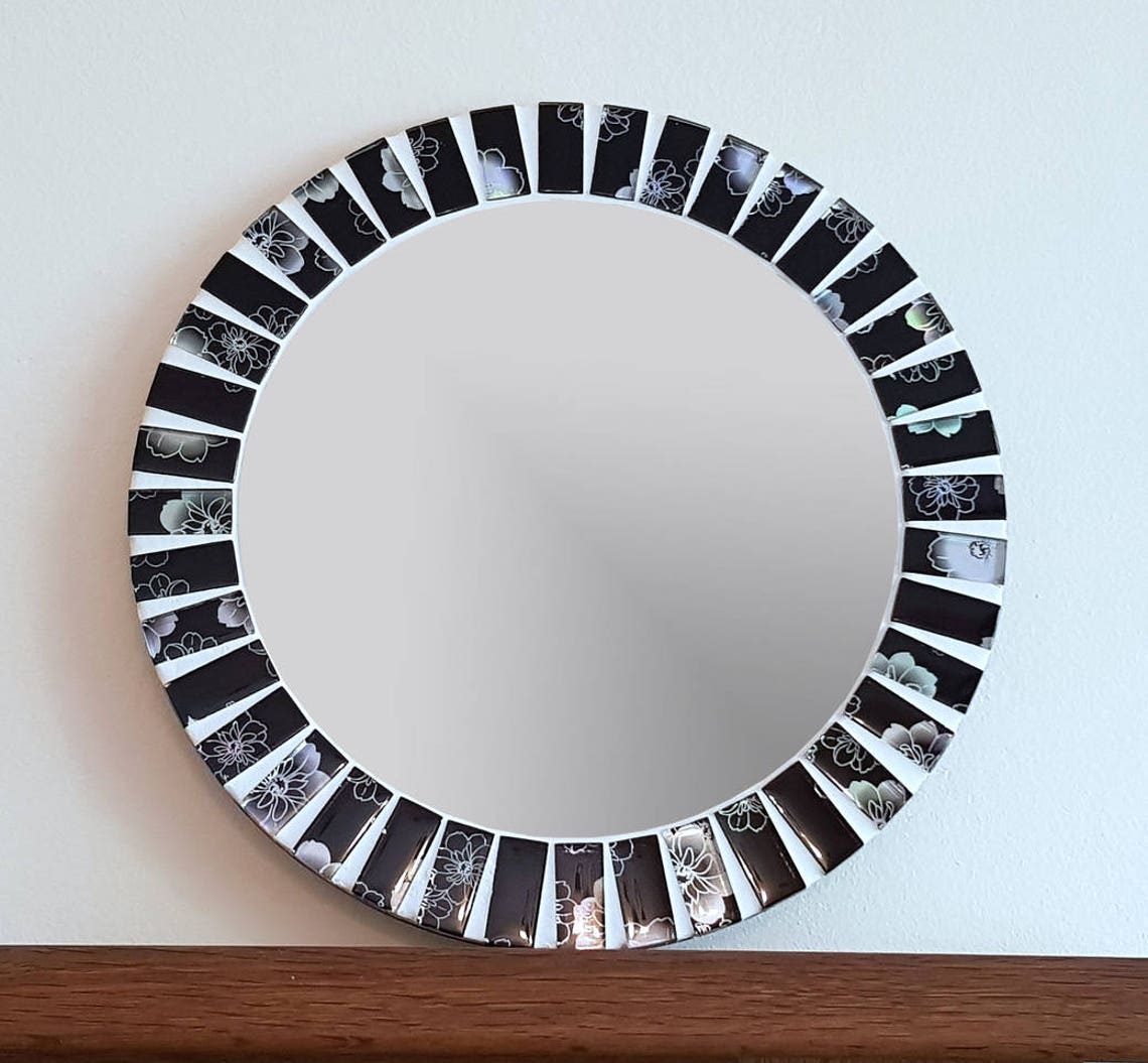 Round Wall Mirror in Black Silver & White 40cm Bathroom Etsy UK