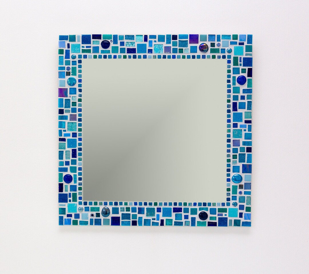 Mosaic Wall Mirror in Blue & Turquoise 40cm, Bathroom Mirror, Blue Wall