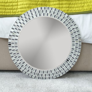 Elegant Mosaic Mirror in Silver & Grey, Silver Wall Mirror, Round Mirror, Grey Bathroom Mirror, Grey Interiors, Grey Wall Decor
