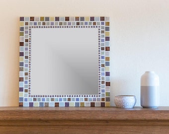 Mosaic Wall Mirror in Grey, Purple, Brown, Gold, Ivory & Cream 40cm Square Mirror, Bathroom Mirror, Bathroom Wall Decor, Mosaic Wall Art
