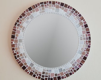 Mosaic Mirror in Champagne Pink, Ivory, Burgundy, Brown & Silver, Round Wall Mirror, Bathroom Mirror, Mosaic Wall Art
